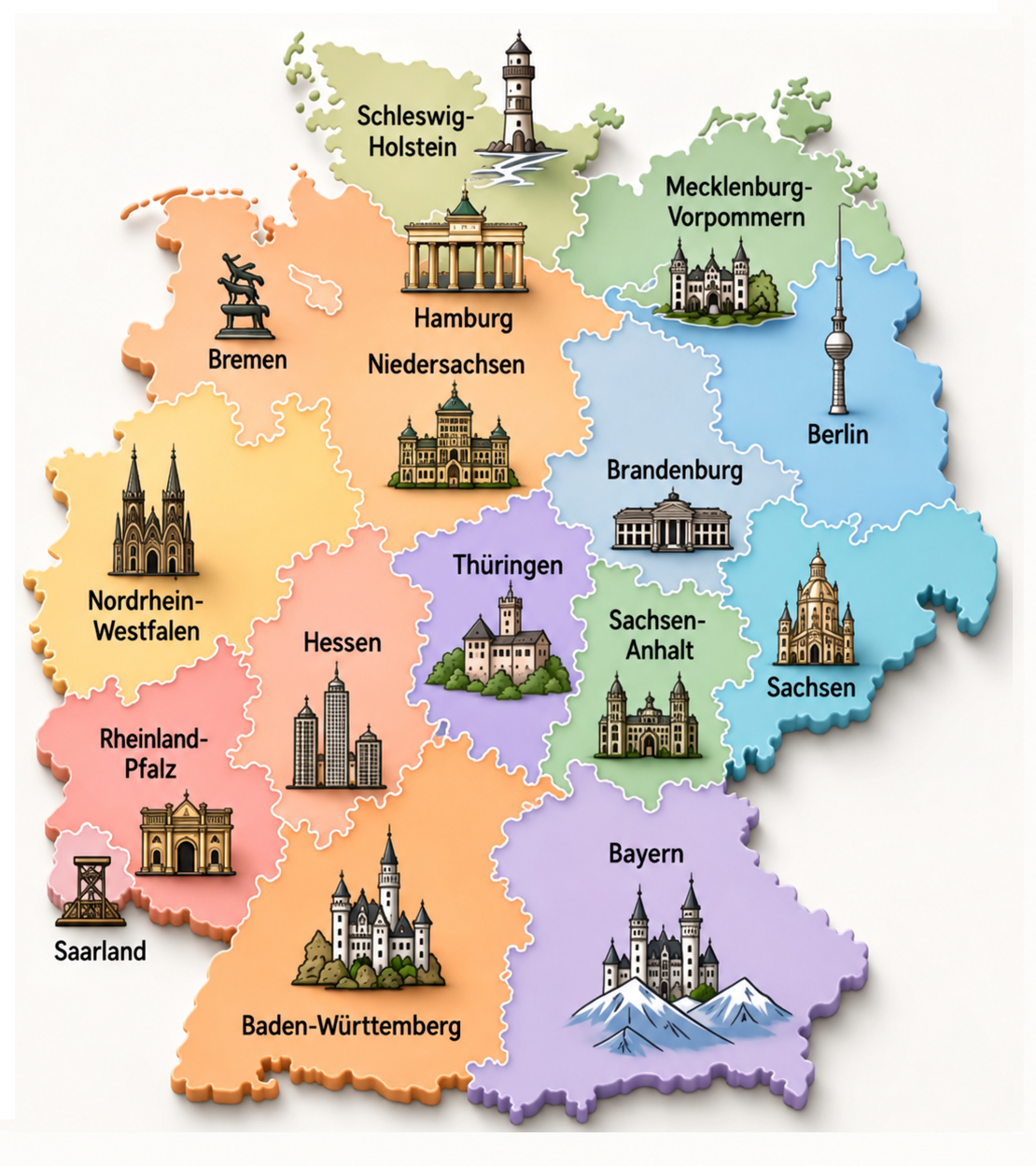 Deutschlandkarte mit Bundesländern und bekannten Wahrzeichen